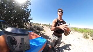A hot babe has sex right on the hood of her car at a scenic spot