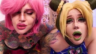 Hot cosplay threesome with JoJo and Purple Bitch, featuring intense anal action