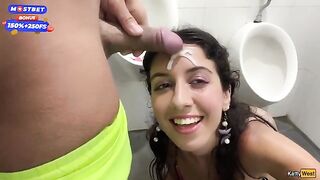 Brunette girl has sex in public toilet and gets cum on her face