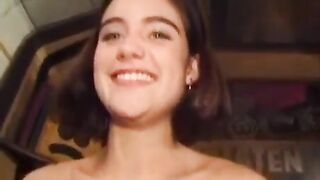 Girl with a big bush has sex. She plays with her pussy