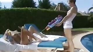 Skinny girl gently caresses her lesbian lover's body and pussy