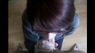 Babe sank to the floor and started sucking a long dick