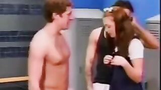 A cute schoolgirl wandered into a locker room and got wild with guys