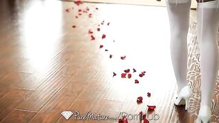 A young brunette woman has sex directly on the bed