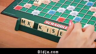The young girl seduces the old peasant in the kitchen on the table