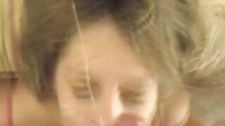 Cumshot on the girl's face after blowing job