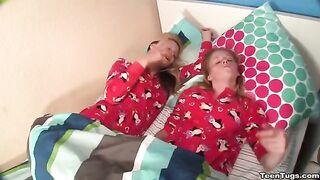 Two hot sisters share a cock while jerking it till he comes