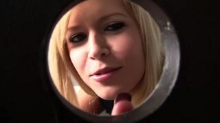 A blonde girl sucks cock through a toilet hole, it’s her hobby
