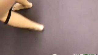 The cute blonde girl has a sweet blowjob, showcasing her skills