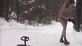 A bunch of snowballs from naked beauties in the winter on the street