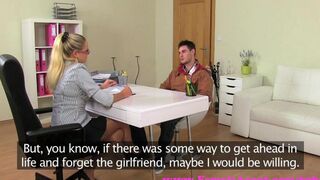 A blonde girl is fucking on the couch at the casting session