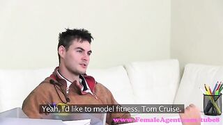 A blonde girl is fucking on the couch at the casting session