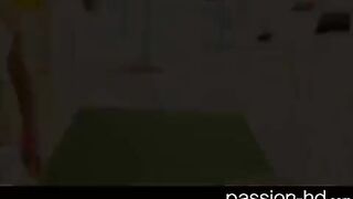 A young sporty brunette with natural tits gets fucked on the couch