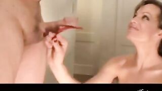 The powerful blowjob from a beautiful girl with big boobs is excellent