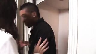 Skinny ebony chick fucked by a black guy with huge cock in the bed