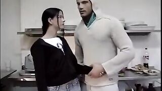 The couple got down to business right in the kitchen, no hesitation