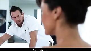 Girl gets fucked on an oiled massage table