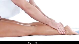 Girl gets fucked on an oiled massage table