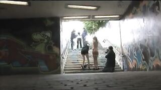 The girl was tied up and fucked on the public street