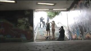 The girl was tied up and fucked on the public street