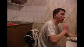 A mother with cancer fucked her son in the kitchen, he finished on her