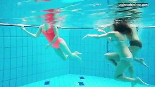 Nude beauties playing in the pool without any clothes