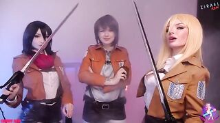 Cosplay threesome with Mikasa, Sasha, and Historia in wet pussies