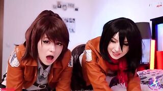 Cosplay threesome with Mikasa, Sasha, and Historia in wet pussies