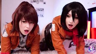 Cosplay threesome with Mikasa, Sasha, and Historia in wet pussies