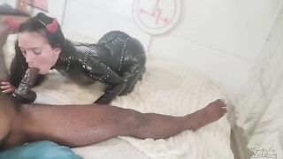 Petite succubus drains the thick dick of a lucky guy in a Halloween twist