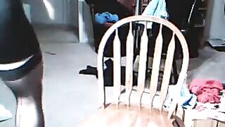 The guy gets excited while wearing a dress of a girl