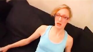Skinny teen with glasses gets fucked by a French guy on the couch
