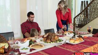 An appetizing girl joined her boyfriend for a family dinner
