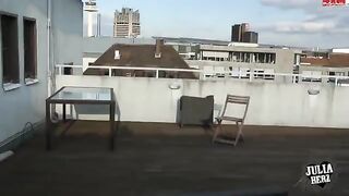 Babe with beautiful big tits has sex on the roof in POV