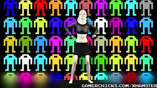 Sexy blonde does a striptease dance in front of a crowd of men, exposing her boobs