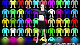 Sexy blonde does a striptease dance in front of a crowd of men, exposing her boobs