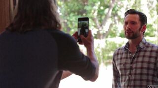 A member with a cheek was fucked in the bedroom on the bed
