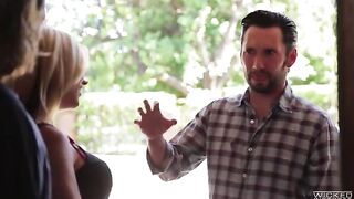 A member with a cheek was fucked in the bedroom on the bed