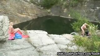A mother and daughter share a cock of her father in an eporn scene