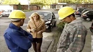 Girl in black pantyhose fucks on the set of porn