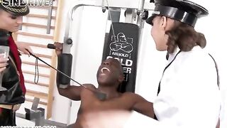 Two girls in latex suits have a hot sex with a negro guy
