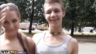 The man stuck his tongue between the panties of two hot beauties