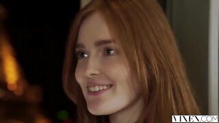The guy carefully licked the red hair of a passionate girl