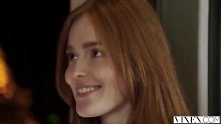 The guy carefully licked the red hair of a passionate girl