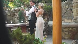 Skinny blonde gets her honeymoan threesome and double penetration