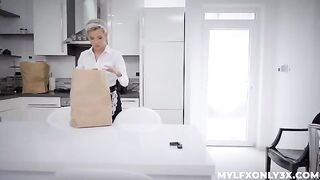 The girl gets horny with the sexy maid in stockings