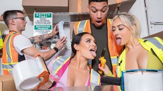 Three girls have an orgy with a guy and his huge cock