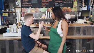 She has big tits and she is a barista in the coffee shop