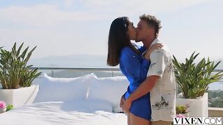 A hot party crash with a stunning brunette outdoors, full of passion