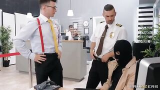 A hot bank robbery turns into a wild office sex session with stockings